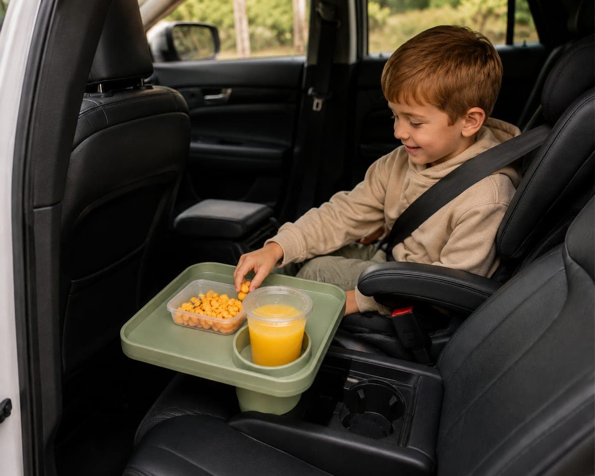 A child in a car seat reaching for snacks on the tray, with juice in its cup holder