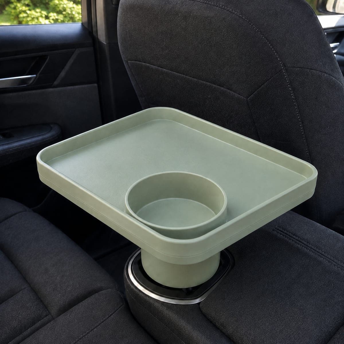 Growlet tray mounted and ready to use in a car